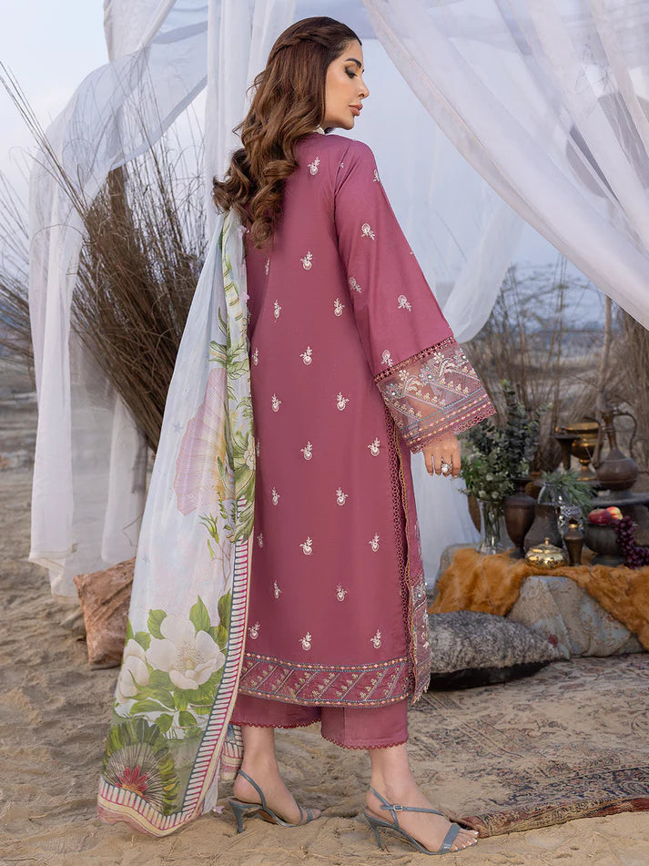 IZEL - 3PC DHANAK EMBROIDERED SHIRT WITH KOTARAIWOOL PRINTED  SHAWL & DHANAK TROUSER -EP-5319