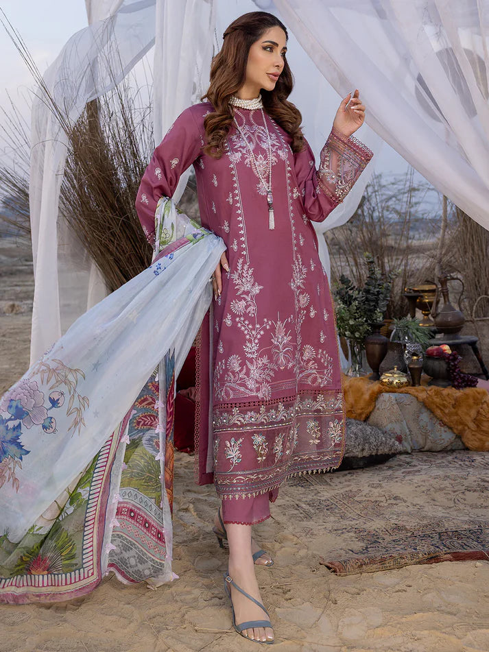 IZEL - 3PC DHANAK EMBROIDERED SHIRT WITH KOTARAIWOOL PRINTED  SHAWL & DHANAK TROUSER -EP-5319