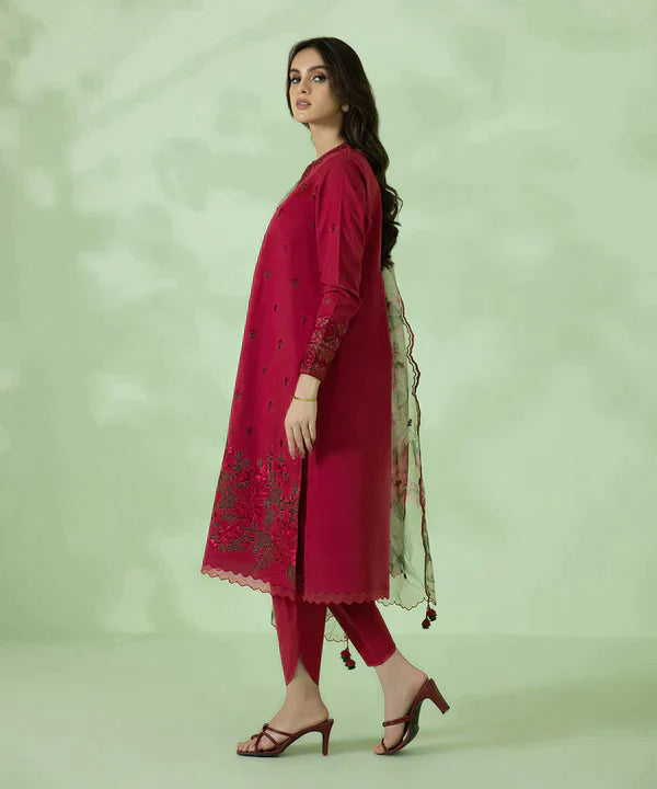 SAPPHIRE - 3PC DHANAK EMBROIDERED SHIRT WITH ORGANZA  PRINT DUPATTA & TROUSER- EP-2625