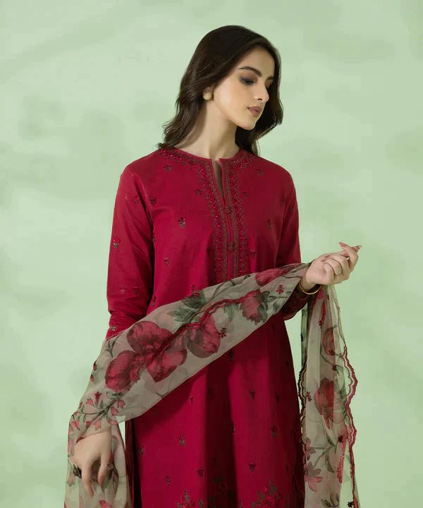 SAPPHIRE - 3PC DHANAK EMBROIDERED SHIRT WITH ORGANZA  PRINT DUPATTA & TROUSER- EP-2625