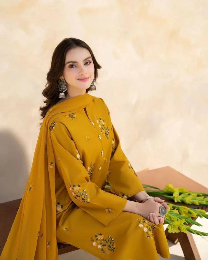 JAZMIN - 3PC DHANAK EMBROIDERED SHIRT WITH DHANAK EMBROIDERED SHAWL & TROUSER-EP-5345