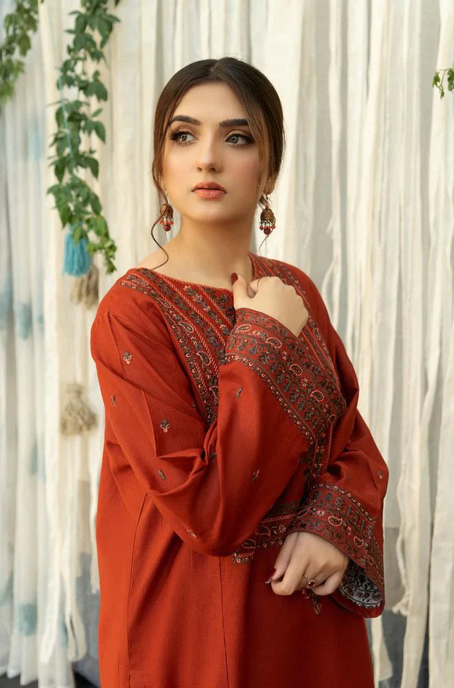 URGE - 3PC DHANAK EMBROIDERED SHIRT WITH KOTARAI PRINTED SHAWL AND EMBROIDERED TROUSER- EP-5014