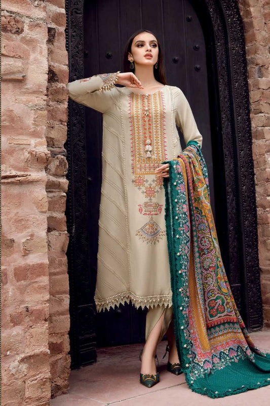 MARIA B - 3PC DHANAK EMBROIDERED SHIRT WITH PRINTED PASHMINA SHAWL AND TROUSER- EP-5015