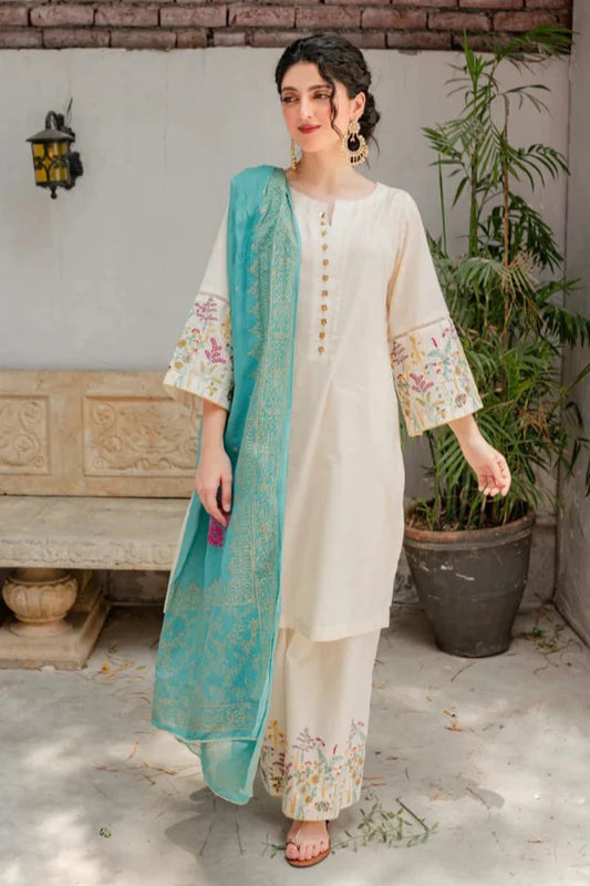 AISLING- 3PC DHANAK EMBROIDERED SHIRT WITH WOOL PRINT SHAWL AND EMBROIDERED TROUSER- EP-5055