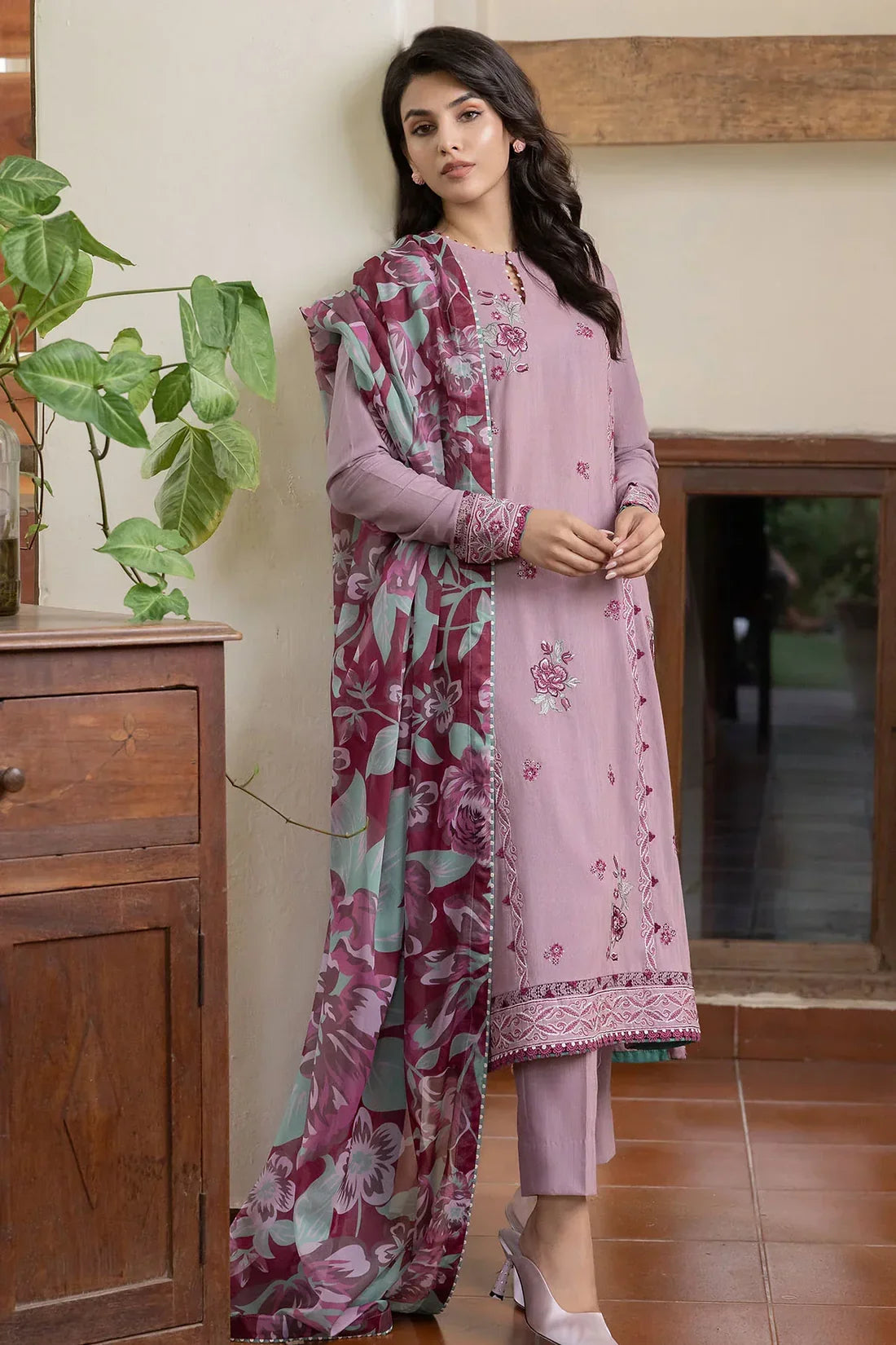 JAZMIN - 3PC DHANAK EMBROIDERED SHIRT WITH WOOL PRINTED SHAWL & TROUSER-EP-5443