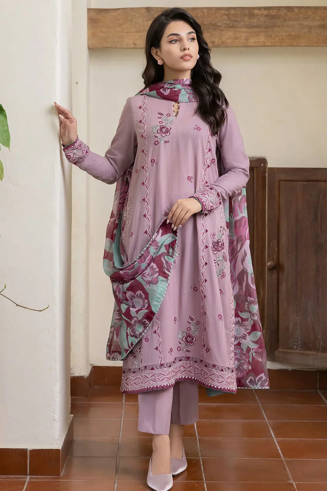 JAZMIN - 3PC DHANAK EMBROIDERED SHIRT WITH WOOL PRINTED SHAWL & TROUSER-EP-5443