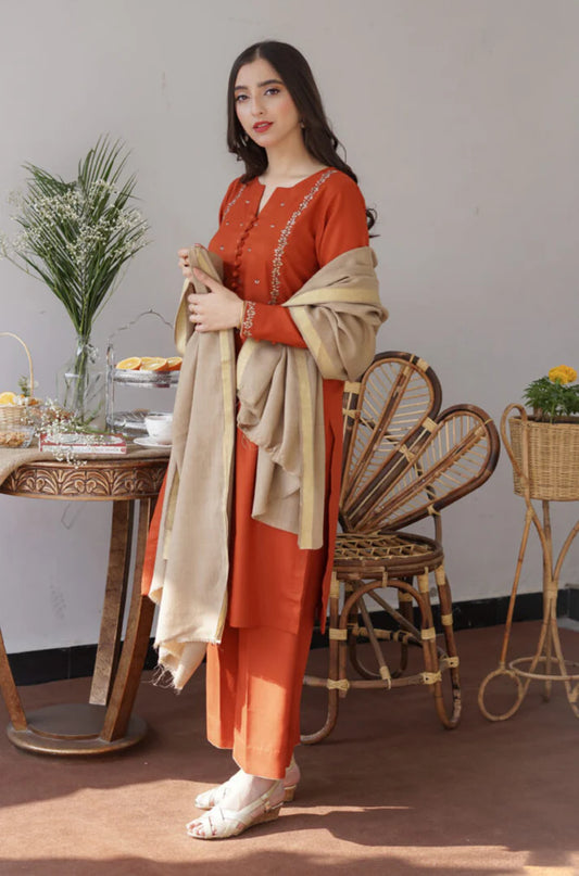 AISLING-3PC DHANAK EMBROIDERED SHIRT WITH DHANAK SHAWL & DHANAK TROUSER-EP-5344