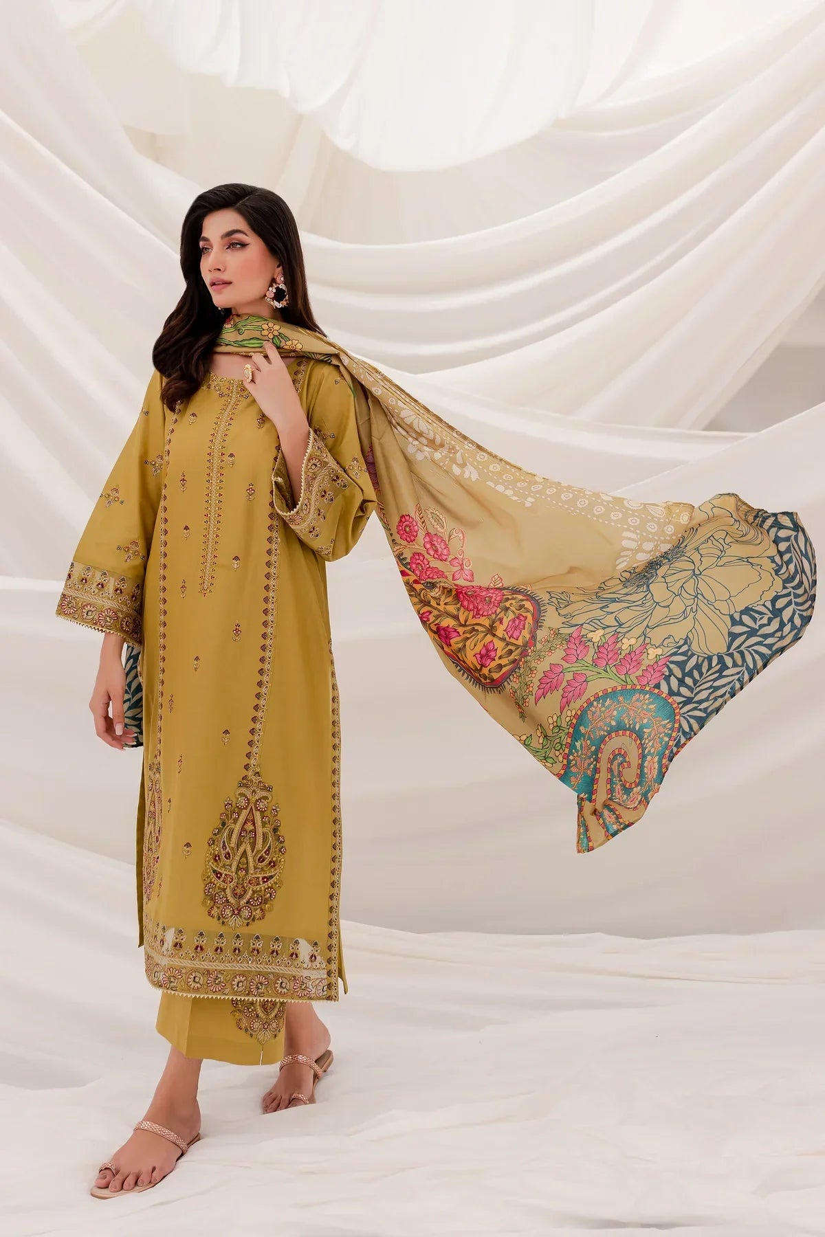 BATIK -3PC DHANAK EMBROIDERED SHIRT WITH COUTURE WOOL SHAWL & EMBROIDERED TROUSER- EP - 5108