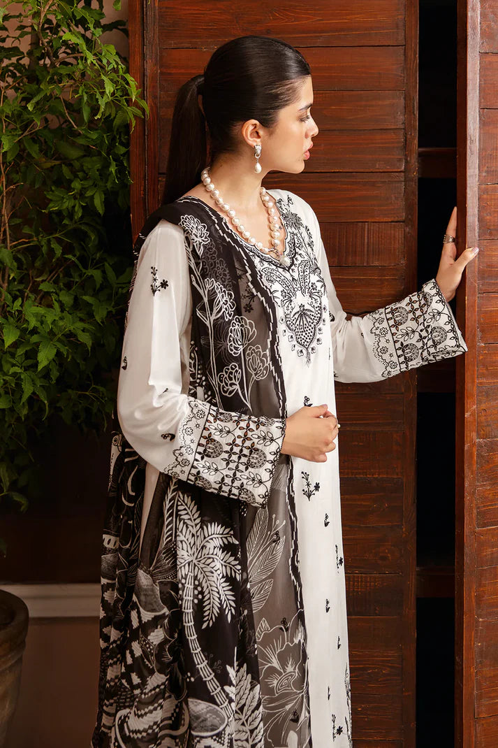 AFSANAH-3PC DHANAK EMBROIDERED SHIRT WITH COUTURE PRINTED SHAWL & TROUSER-EP-5498