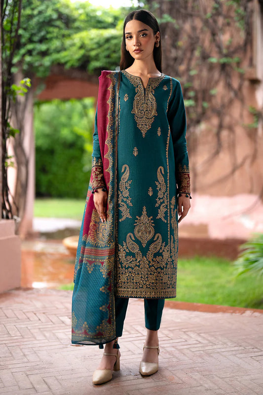 JAZMIN- 3PC DHANAK EMBROIDERED SHIRT WITH WOOL PRINT SHAWL AND TROUSER-EP-5379-A