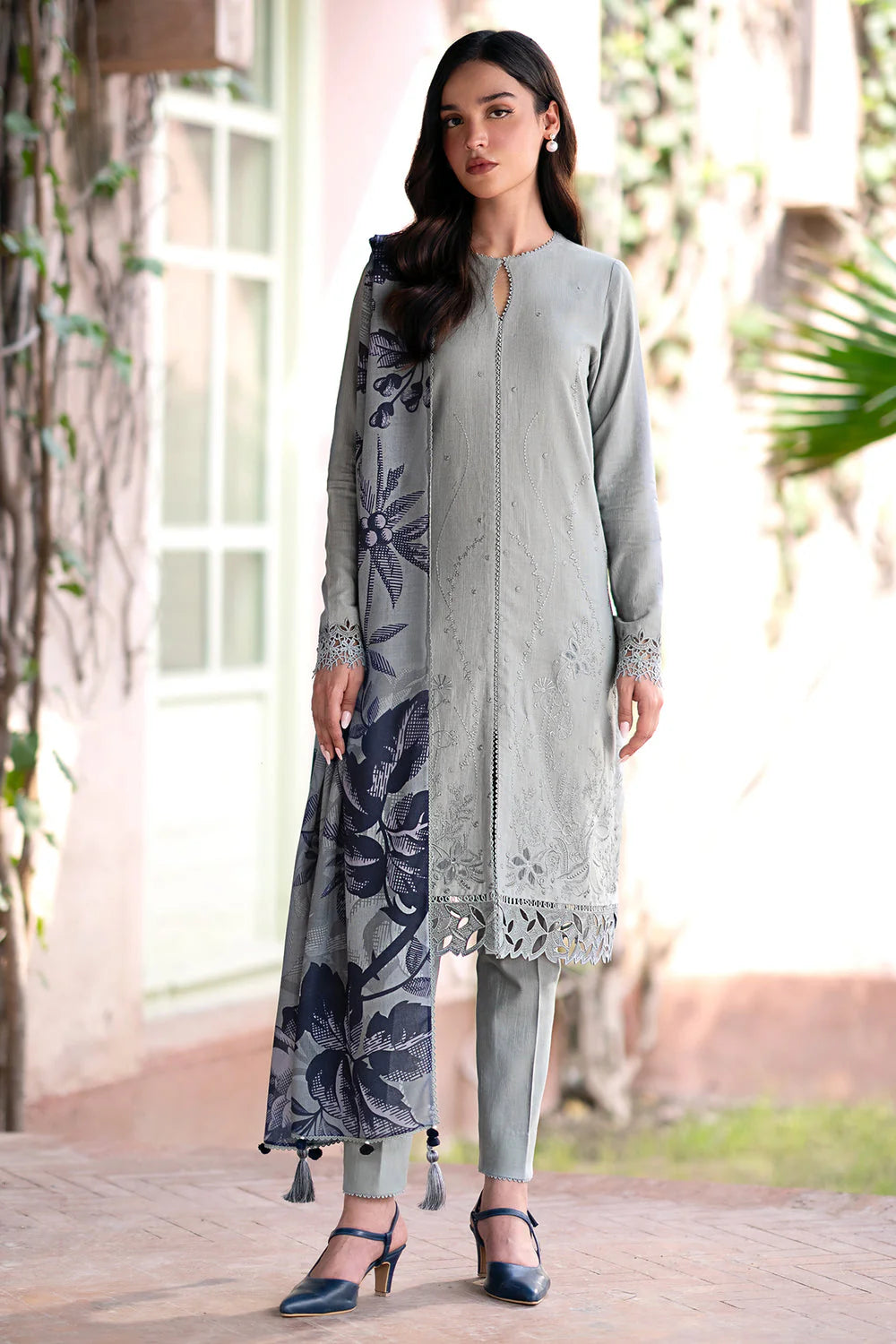 JAZMIN-3PC DHANAK EMBROIDRED SHIRT WITH WOOL PRINT SHAWL AND TROUSER-EP-5400-A