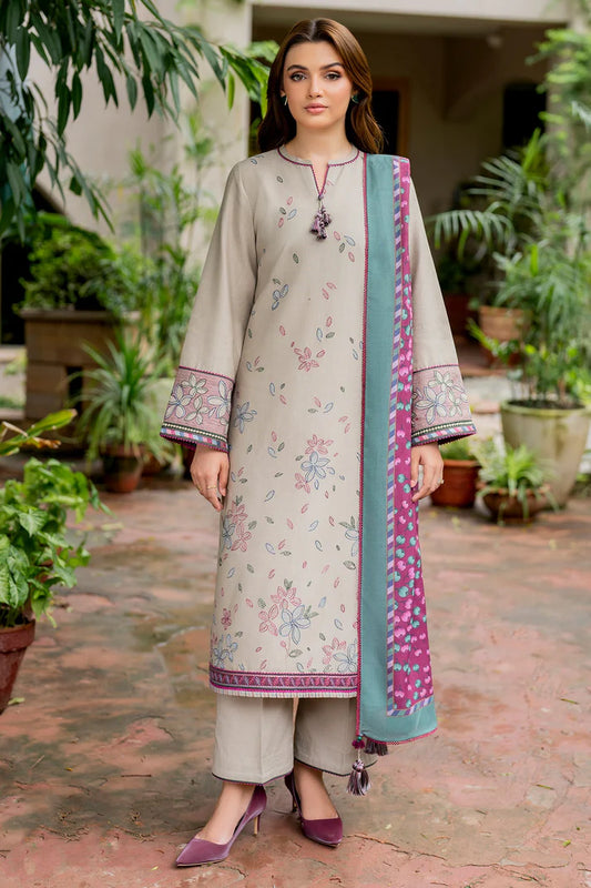 JAZMIN-3PC DHANAK EMBROIDRED SHIRT WITH WOOL PRINT SHAWL AND TROUSER-EP-5382