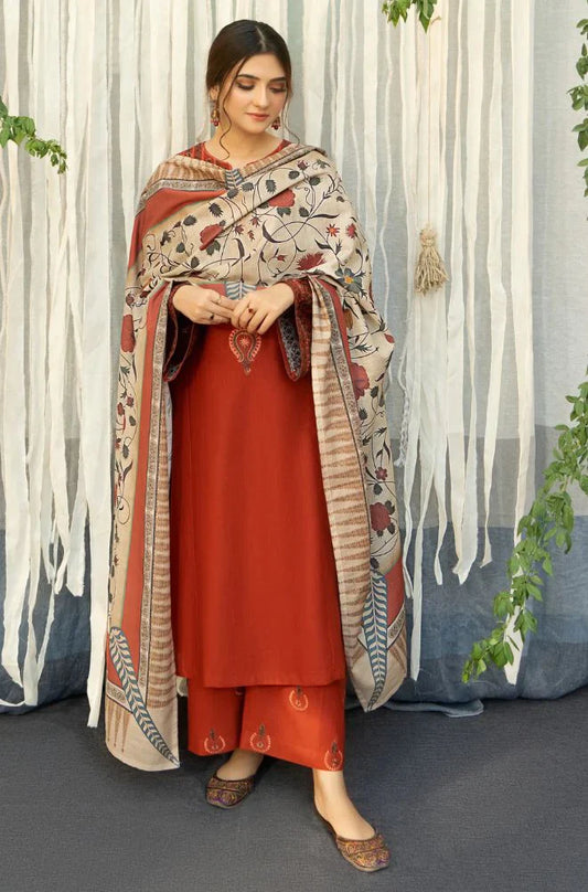 URGE - 3PC DHANAK EMBROIDERED SHIRT WITH KOTARAI PRINTED SHAWL AND EMBROIDERED TROUSER- EP-5014