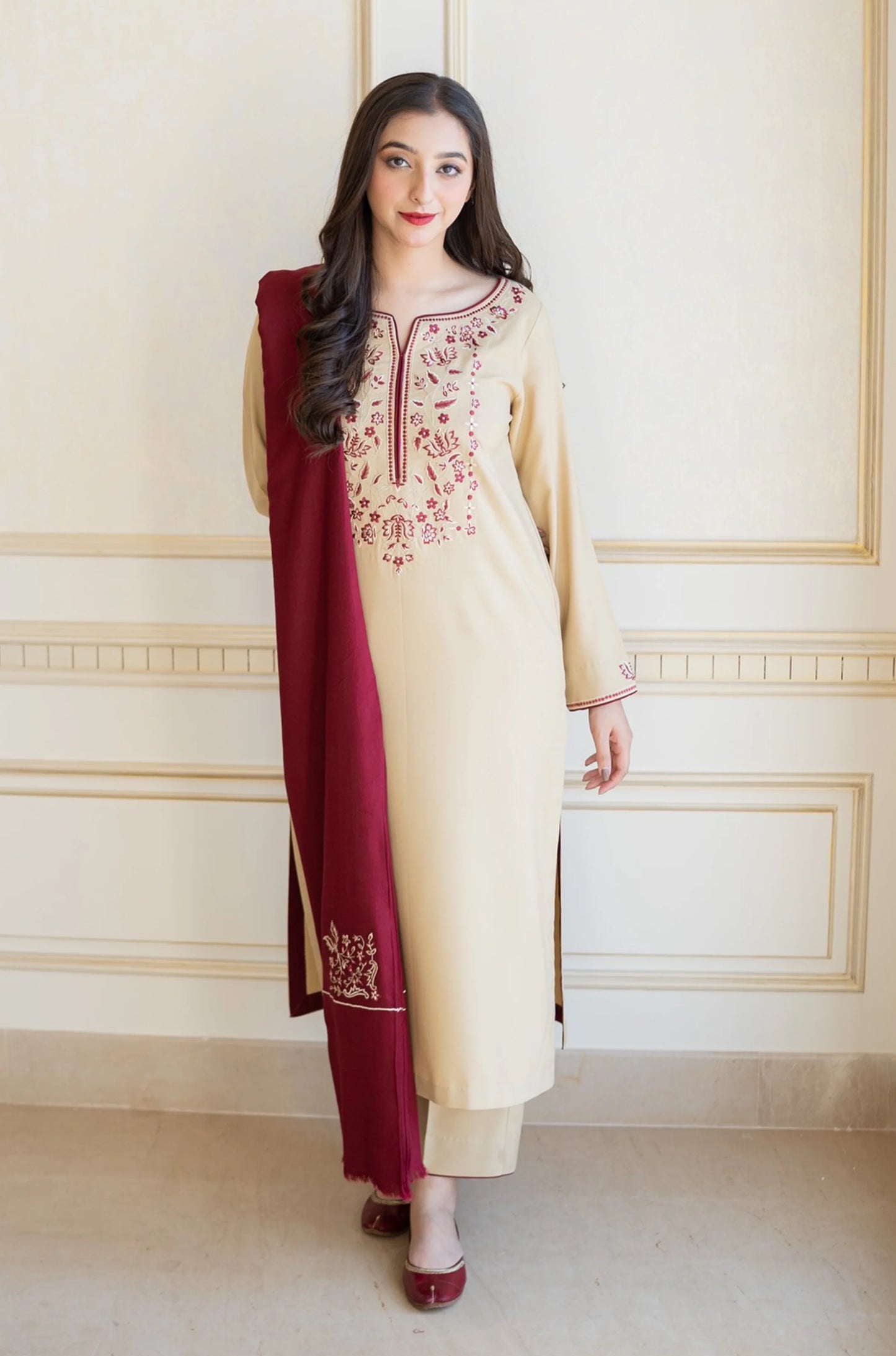 AISLING - 3PC DHANAK EMBROIDERED SHIRT WITH DHANAK EMBROIDERED SHAWL AND DHANAK TROUSER - EP-5081