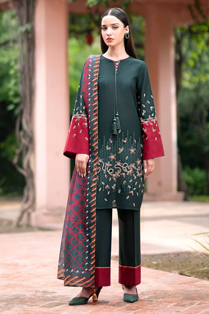 JAZMIN-3PC DHANAK EMBROIDRED SHIRT WITH WOOL PRINT SHAWL & TROUSER-EP-5381