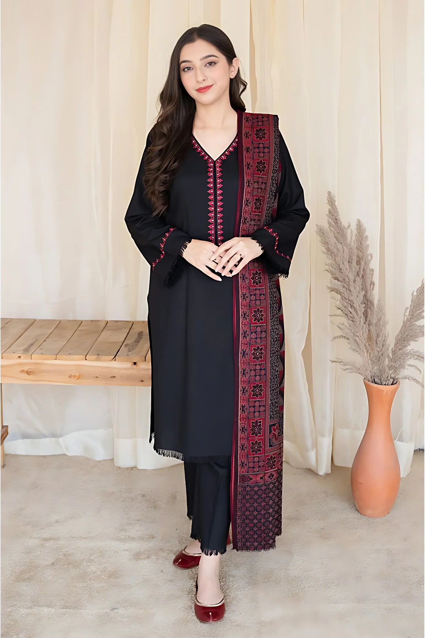 AISLING_3PC DHANAK EMBROIDERED SHIRT WITH WOOL PRINT SHAWL & TROUSER -EP-5088