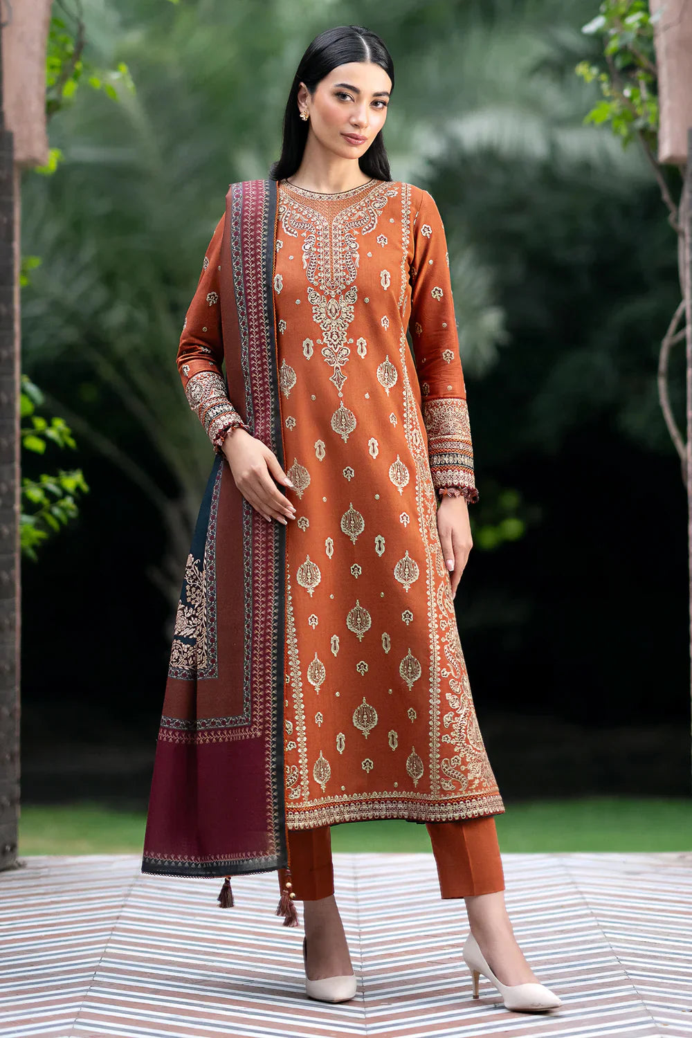 JAZMIN - 3PC DHANAK EMBROIDERED SHIRT WITH TWILL PRINTED SHAWL AND TROUSER -EP-5433