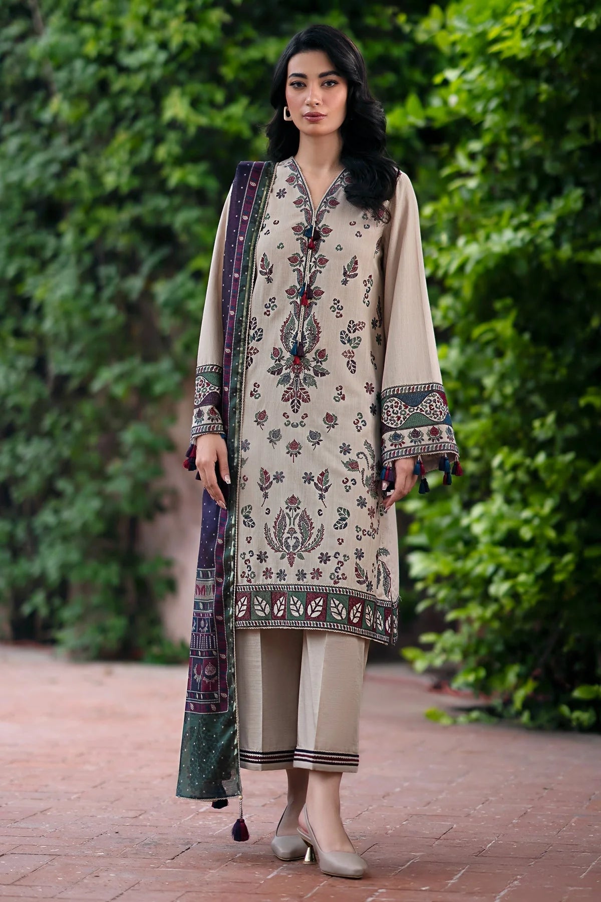 JAZMIN - 3PC DHANAK EMBROIDERED SHIRT WITH COUTURE PRINTED SHAWL AND TROUSER-EP-5413