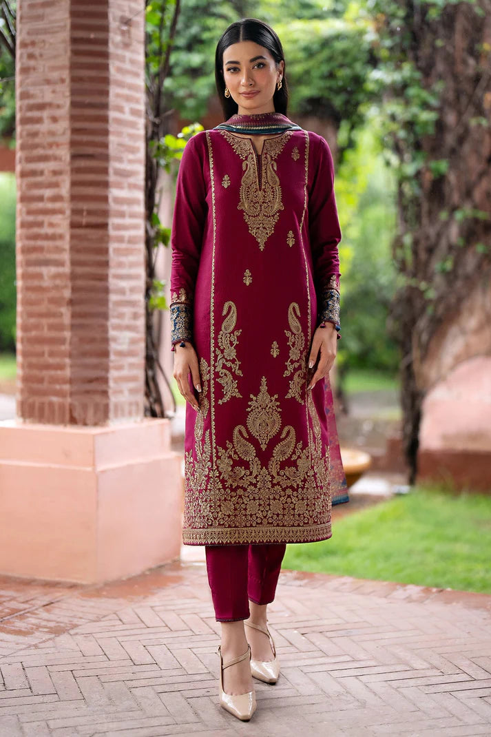 JAZMIN- 3PC DHANAK EMBROIDERED SHIRT WITH WOOL PRINT SHAWL & TROUSER-EP-5380