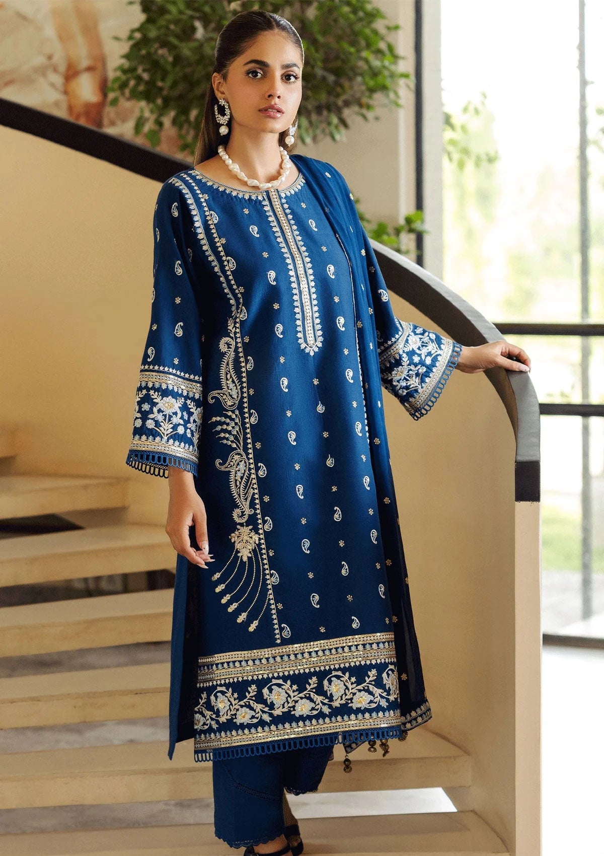 SO KAMAL- 3PC DHANAK EMBROIDERED SHIRT WITH DHANAK EMBROIDERED SHAWL & TROUSER-EP-5399