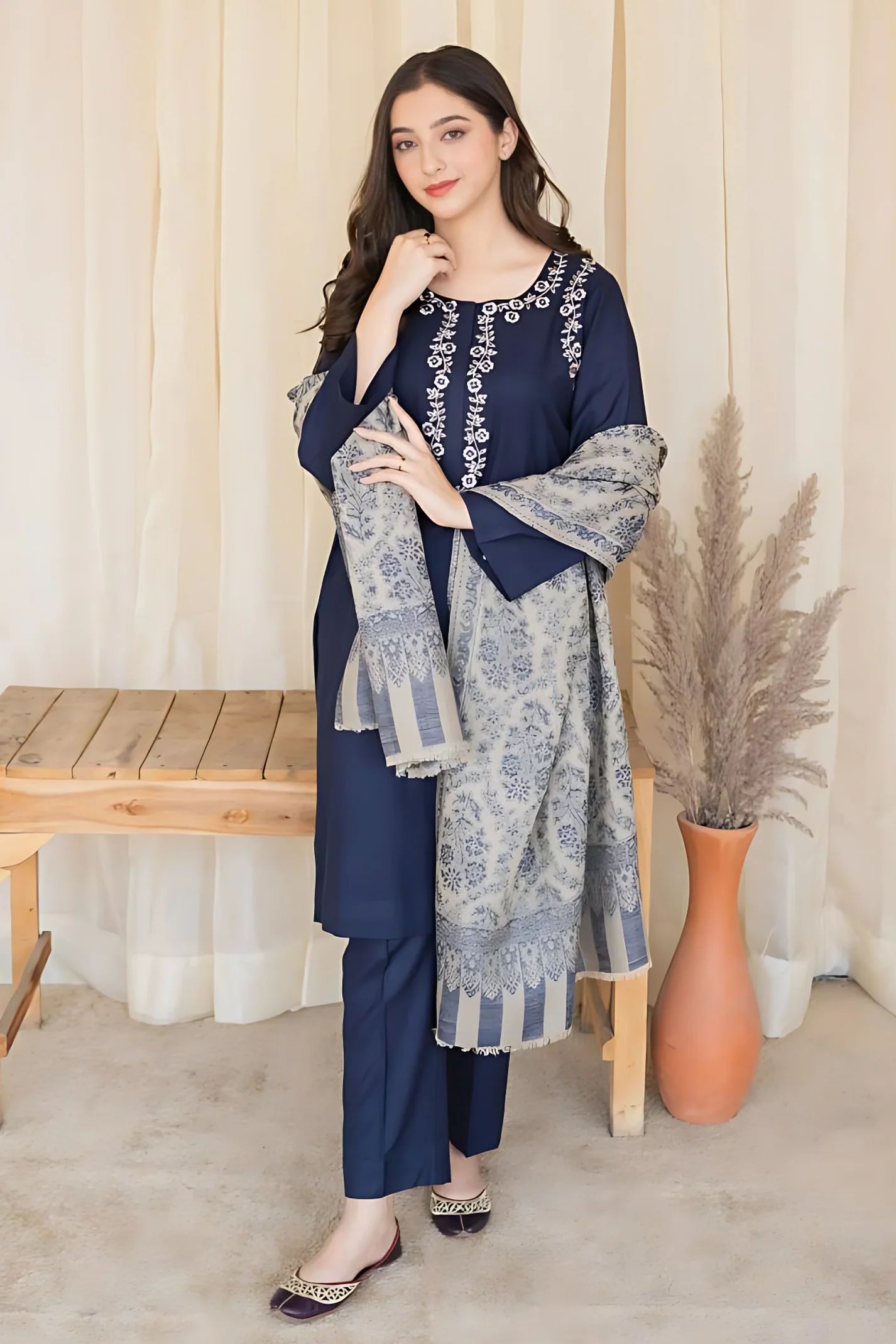 ASLING 3PC DHANAK EMBROIDERED SHIRT WITH WOOL PRINT SHAWL & TROUSER - EP- 5089