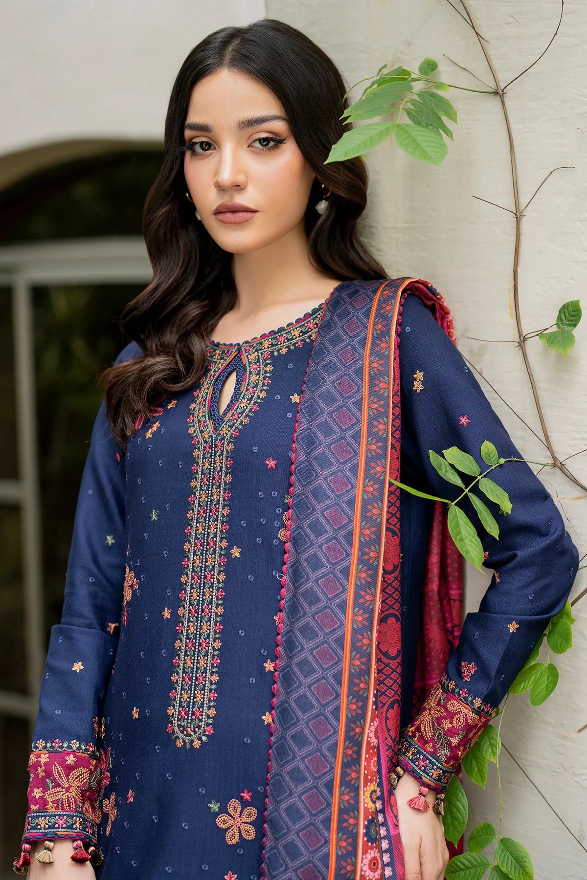 JAZMIN-3PC DHANAK EMBROIDERED SHIRT WITH WOOL PRINT SHAWL &TROUSER-EP-5398