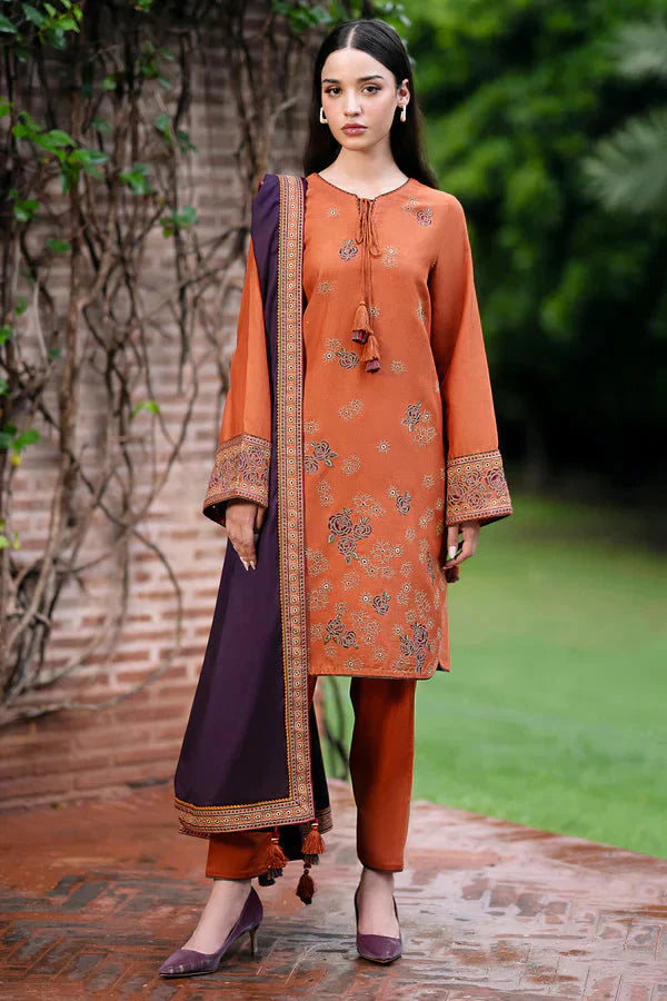 JAZMIN- 3PC DHANAK EMBROIDERED SHIRT WITH DHANAK EMBROIDERED READY TO WEAR  SHAWL & TROUSER-EP-5409