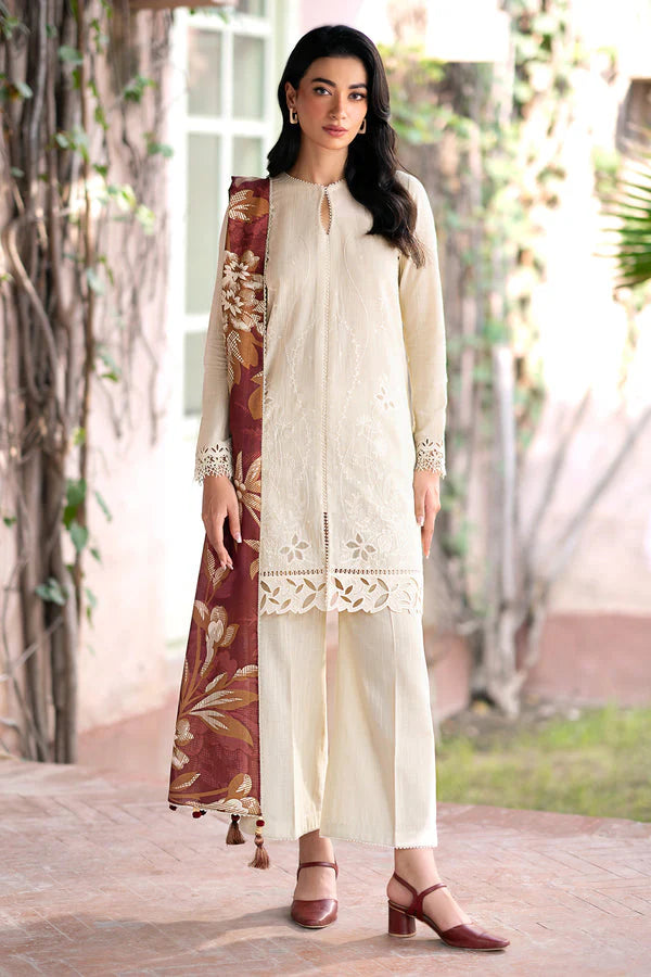 JAZMIN - 3PC DHANAK EMBROIDERED SHIRT WITH COTURE PRINTED SHAWL & TROUSER -EP-5430