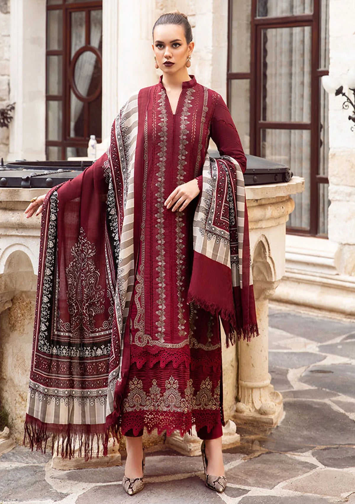 MARIA B - 3PC DHANAK HEAVY EMBROIDERED FRONT WITH COUTURE WOOL PRINTED SHAWL & DHANAK TROUSER- EP-5016