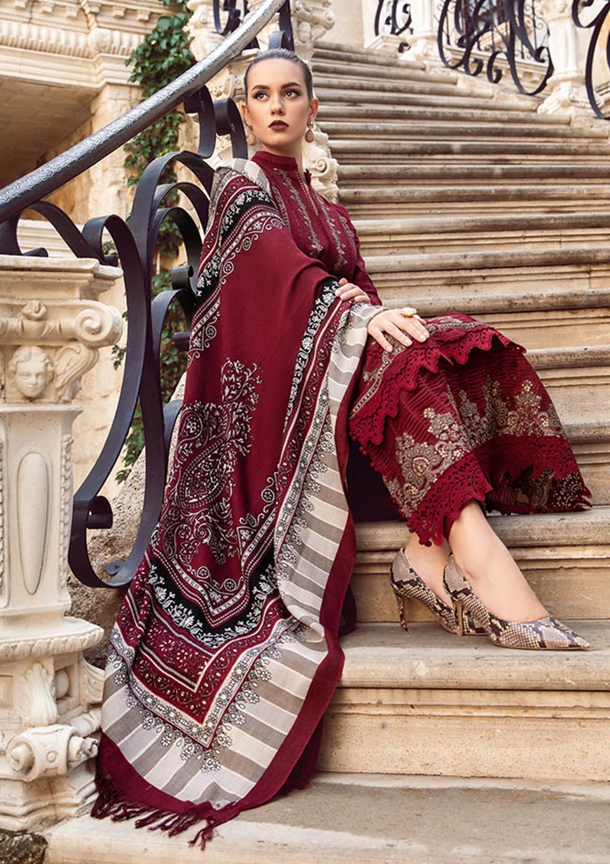 MARIA B - 3PC DHANAK HEAVY EMBROIDERED FRONT WITH COUTURE WOOL PRINTED SHAWL & DHANAK TROUSER- EP-5016