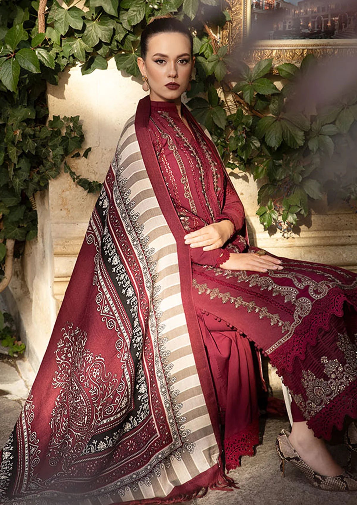 MARIA B - 3PC DHANAK HEAVY EMBROIDERED FRONT WITH COUTURE WOOL PRINTED SHAWL & DHANAK TROUSER- EP-5016