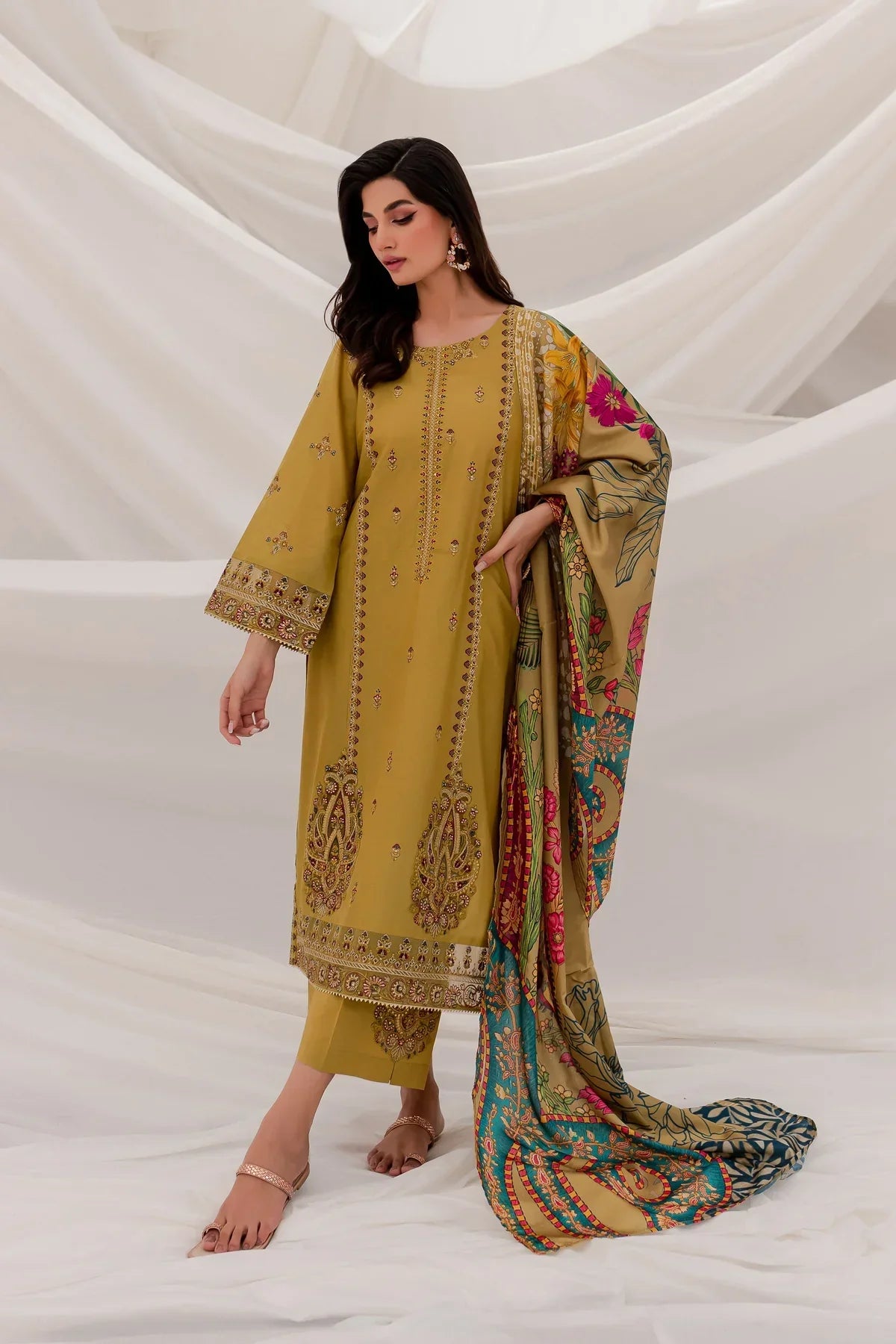 BATIK -3PC DHANAK EMBROIDERED SHIRT WITH COUTURE WOOL SHAWL & EMBROIDERED TROUSER- EP - 5108