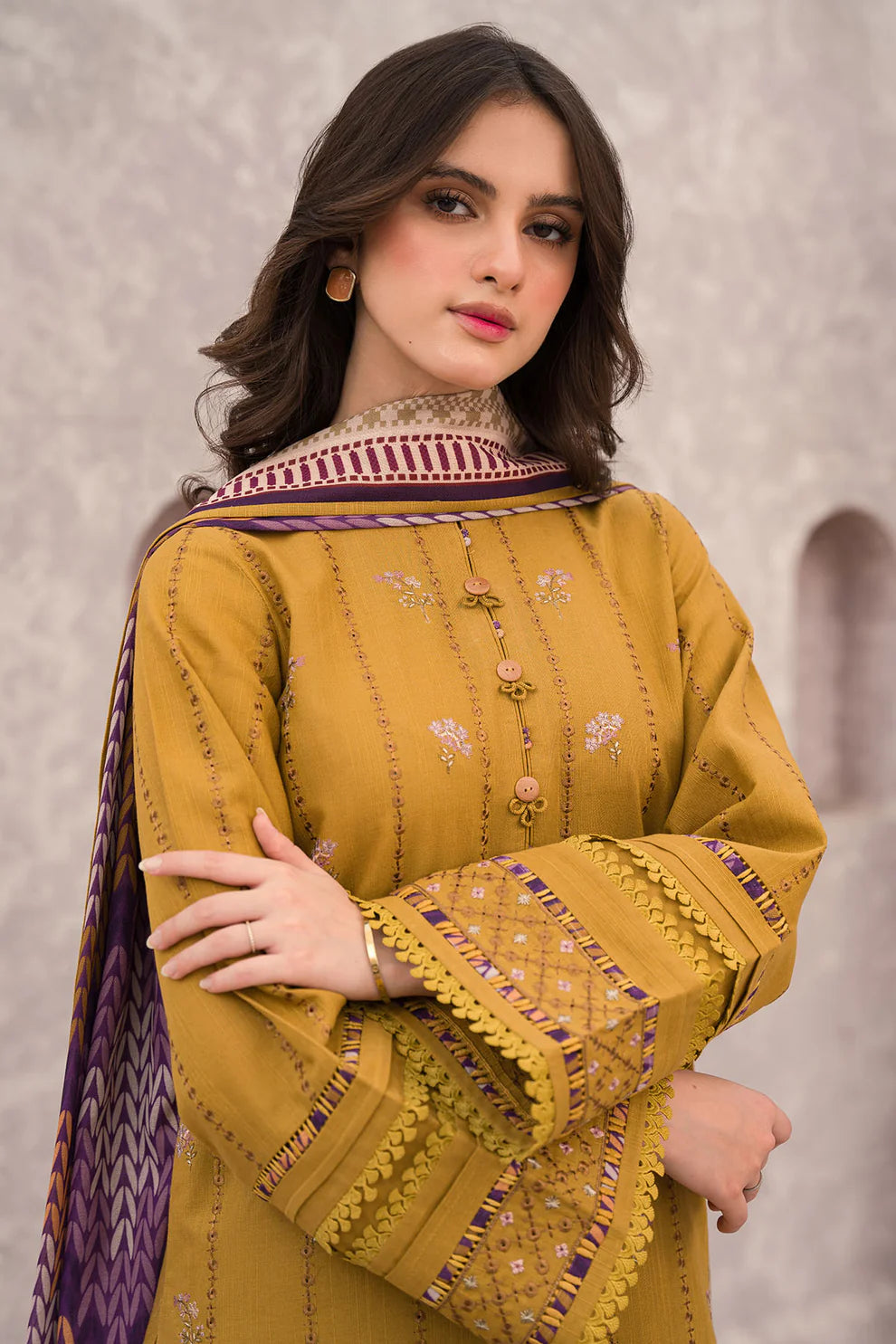 JAZMIN _ 3PC DHANAK EMBROIDERED SHIRT WITH COUTURE PRINTED SHAWL & TROUSER_EP_2621