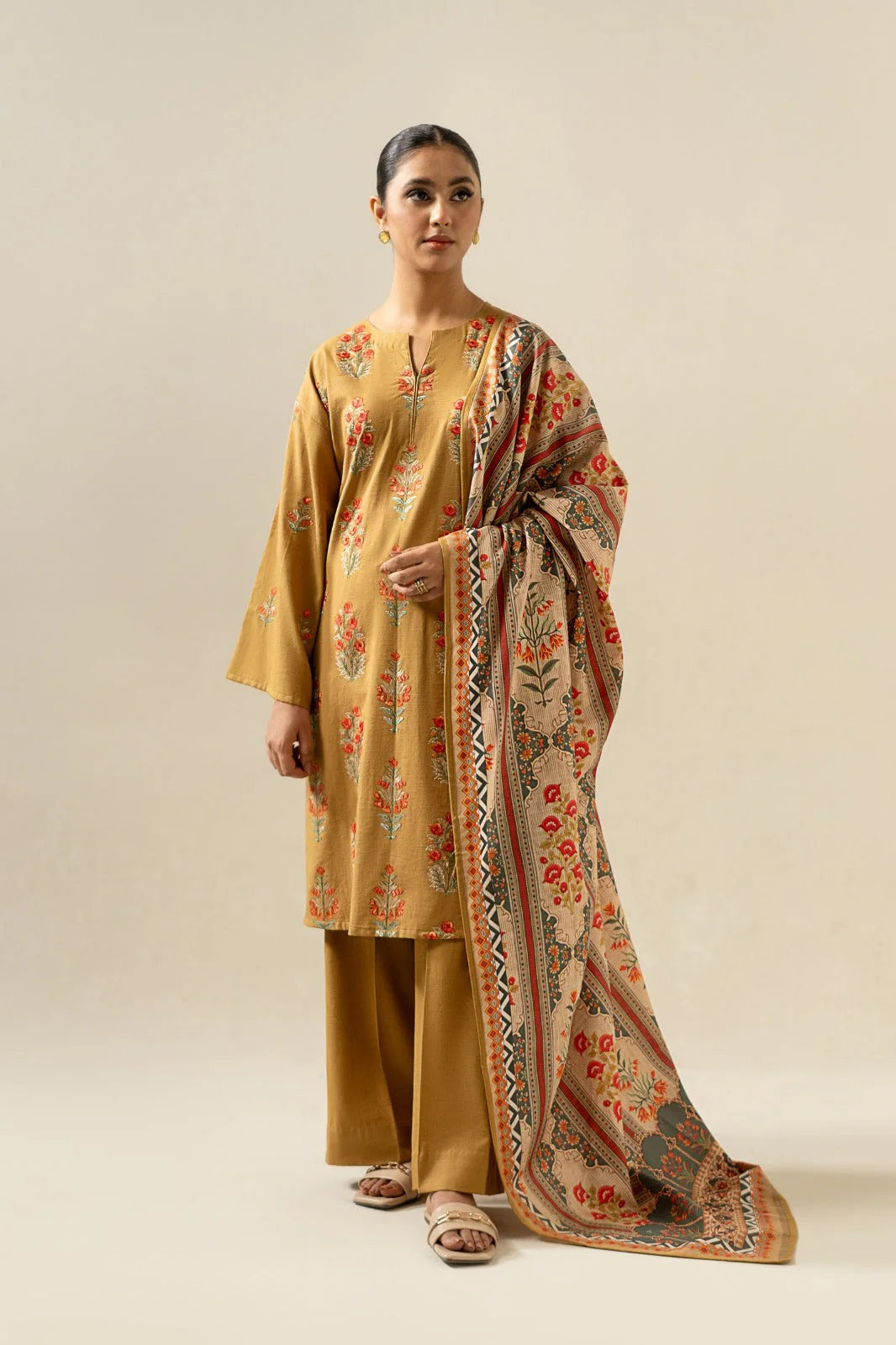 SAPPHIRE-3PC DHANAK EMBROIDERED SHIRT WITH TWILL PRINTED SHAWL & TROUSER-EP-5450