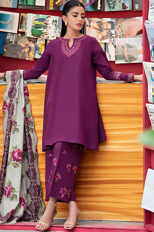 SAPPHIRE -3PC DHANAK EMBROIDERED SHIRT WITH COUTURE WOOL PRINTED SHAWL & EMBROIDERED TROUSER- EP-5041