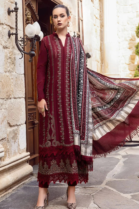 MARIA B - 3PC DHANAK HEAVY EMBROIDERED FRONT WITH COUTURE WOOL PRINTED SHAWL & DHANAK TROUSER- EP-5016