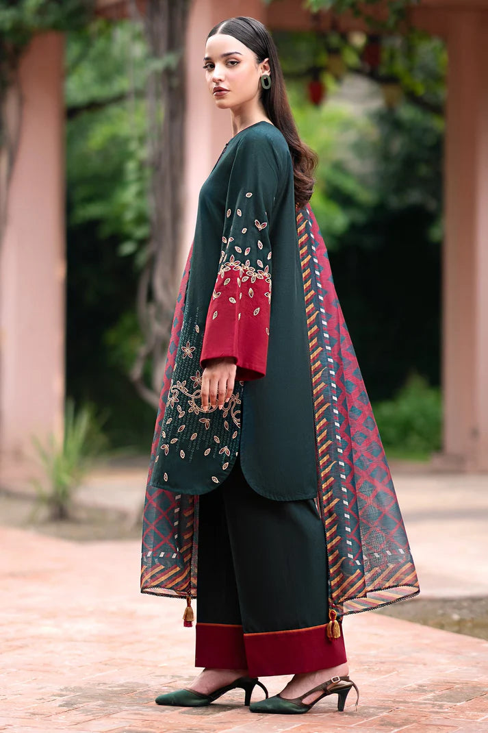 JAZMIN-3PC DHANAK EMBROIDRED SHIRT WITH WOOL PRINT SHAWL & TROUSER-EP-5381