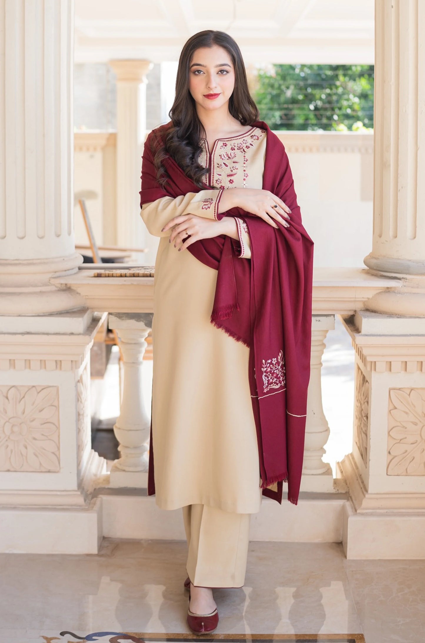 AISLING - 3PC DHANAK EMBROIDERED SHIRT WITH DHANAK EMBROIDERED SHAWL AND DHANAK TROUSER - EP-5081