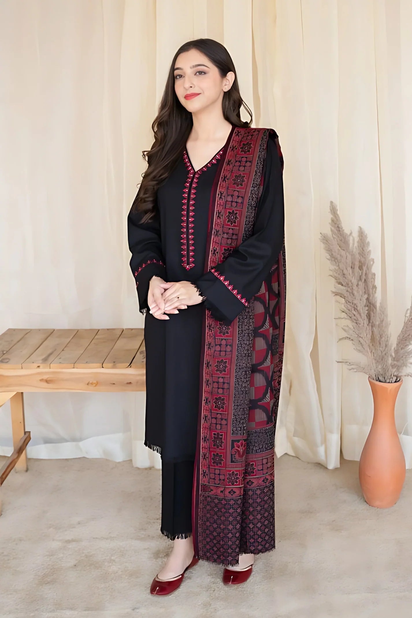 AISLING_3PC DHANAK EMBROIDERED SHIRT WITH WOOL PRINT SHAWL & TROUSER -EP-5088