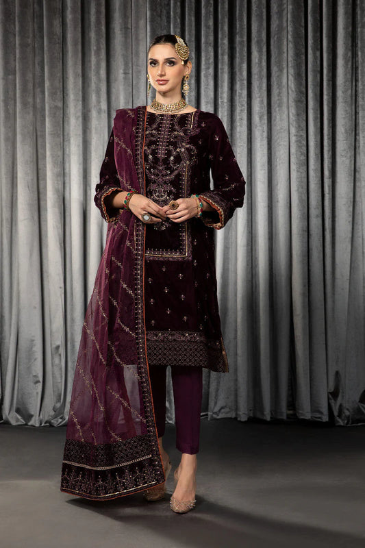 MARIA B -VELVET 3PC- EMBROIDERED WORK SHIRT WITH ORGANZA HEAVY EMBROIDERED DUPATTA -EP-D-14- MICRO 9000 VELVET