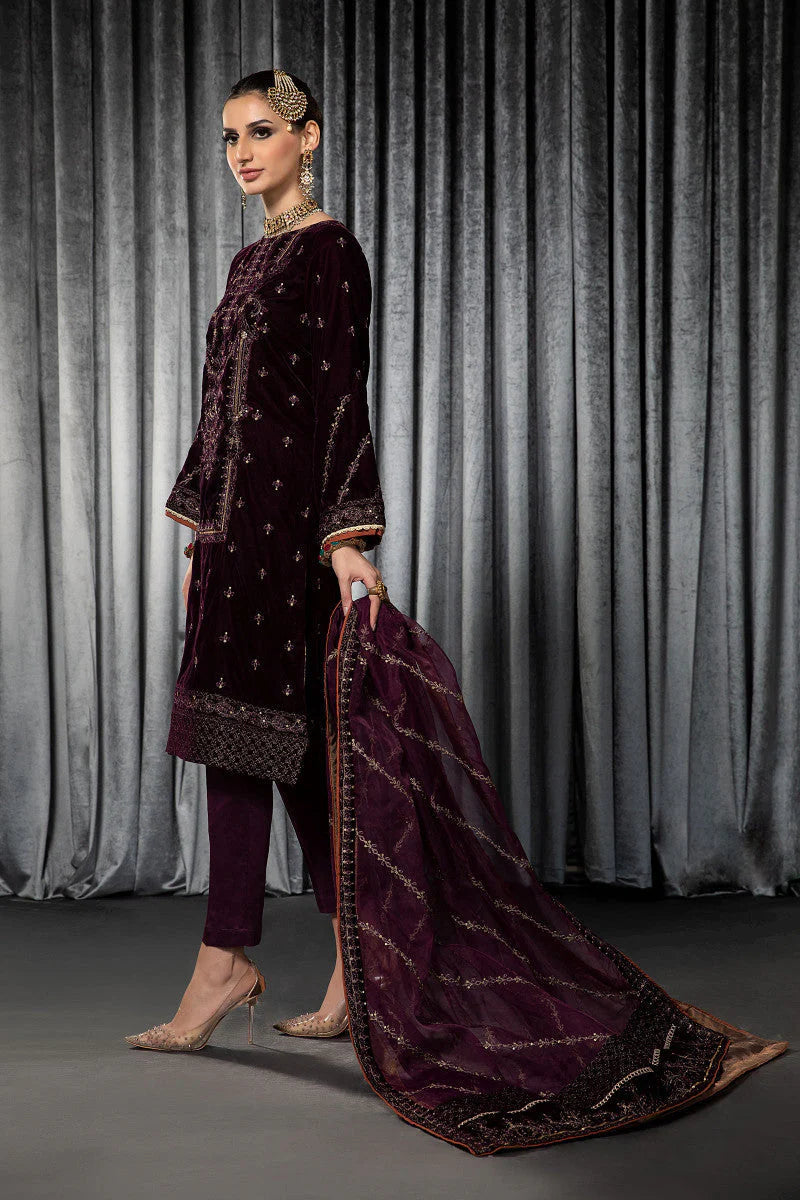 MARIA B -VELVET 3PC- EMBROIDERED WORK SHIRT WITH ORGANZA HEAVY EMBROIDERED DUPATTA -EP-D-14- MICRO 9000 VELVET