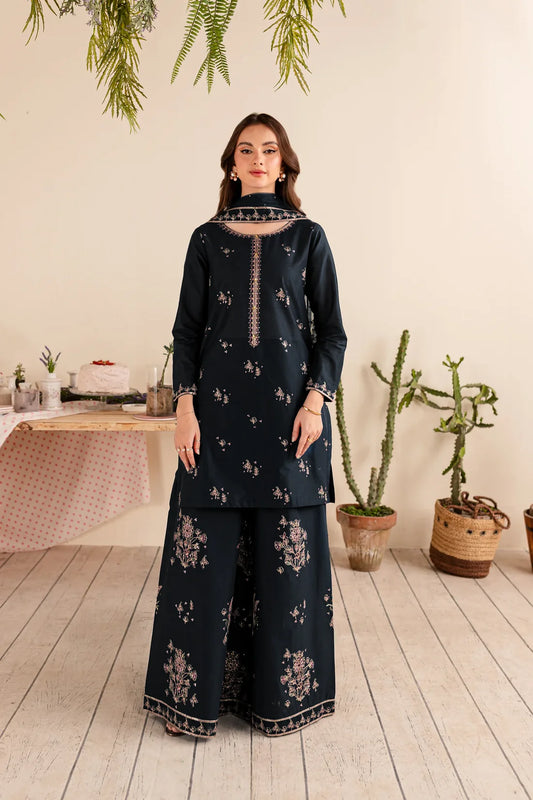 BATIK- 3PC DHANAK SEQUIN EMBROIDERED SHIRT DHANAK EMBROIDERED SHAWL & TROUSER-EP-5481-BLACK