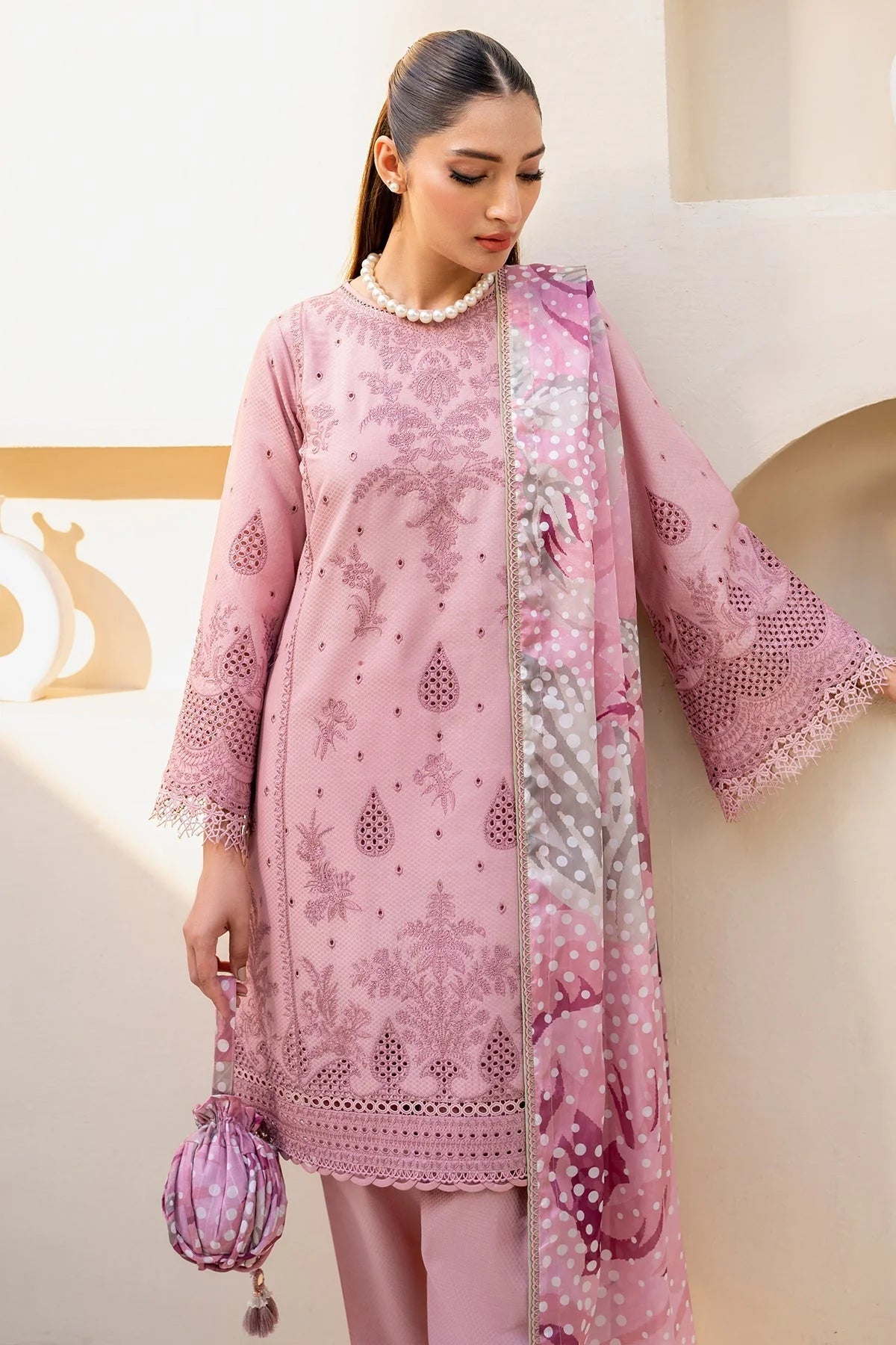 JAZMIN - 3PC LAWN CHIKENKARI EMBROIDERED SHIRT WITH DIAMOND PRINT DUPATTA AND TROUSER-EP- 5301