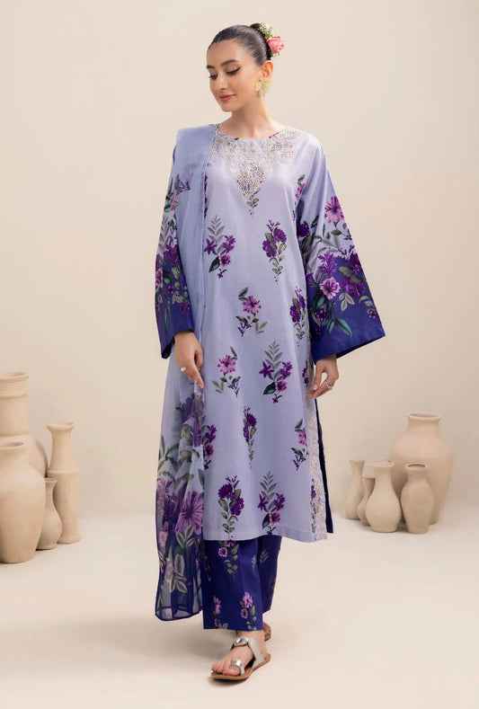 ADAN LIBAAS-3PC KARANDI PRINTED EMBROIDERED SHIRT WITH KARANDI PRINTED SHAWL AND KARANDI PRINTED TROUSER-EP-5469