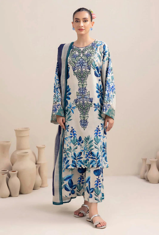 ADAN LIBAAS-3PC KARANDI PRINTED EMBROIDERED SHIRT WITH KARANDI PRINTED SHAWL AND KARANDI PRINTED TROUSER-EP-5468