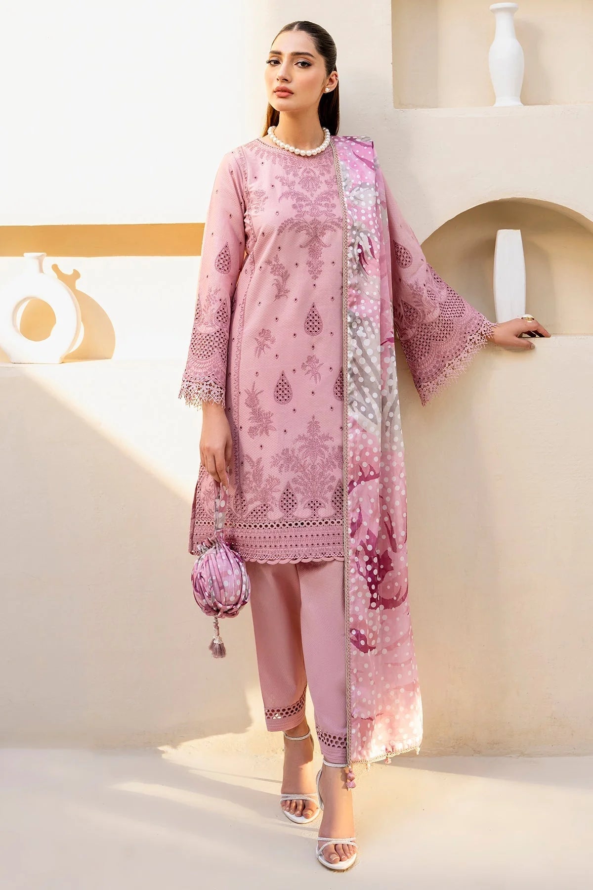 JAZMIN - 3PC LAWN CHIKENKARI EMBROIDERED SHIRT WITH DIAMOND PRINT DUPATTA AND TROUSER-EP- 5301