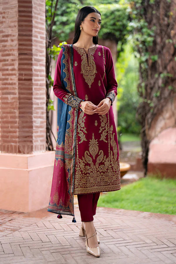 JAZMIN- 3PC DHANAK EMBROIDERED SHIRT WITH WOOL PRINT SHAWL & TROUSER-EP-5380