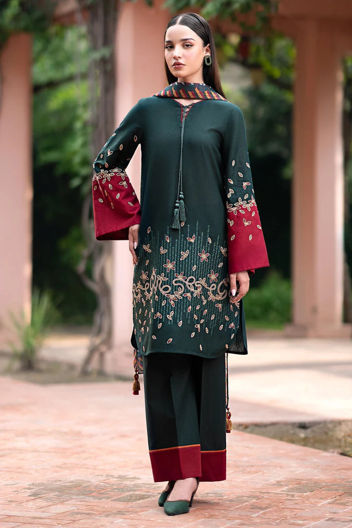 JAZMIN-3PC DHANAK EMBROIDRED SHIRT WITH WOOL PRINT SHAWL & TROUSER-EP-5381