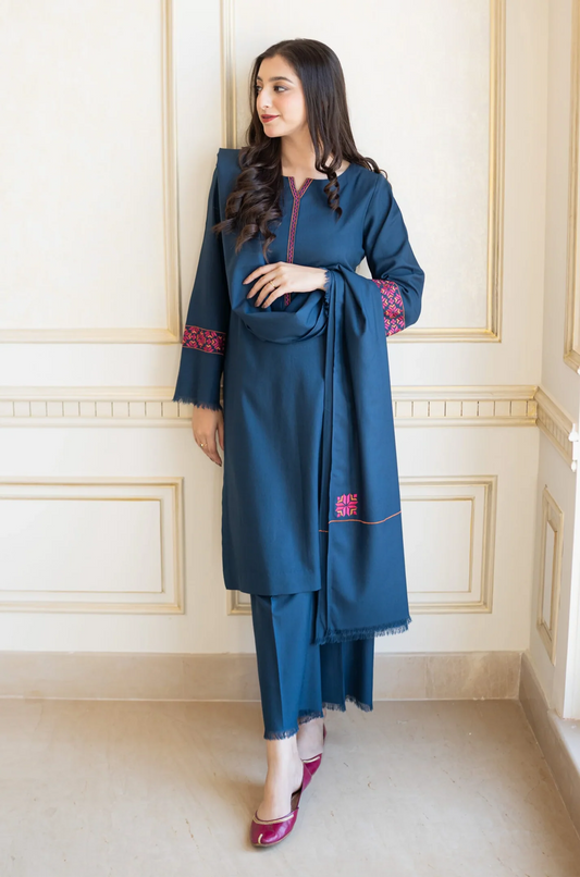 AISLING - 3PC DHANAK EMBROIDERED SHIRT WITH DHANAK EMBROIDERED SHAWL AND DHANAK TROUSER - EP-5082