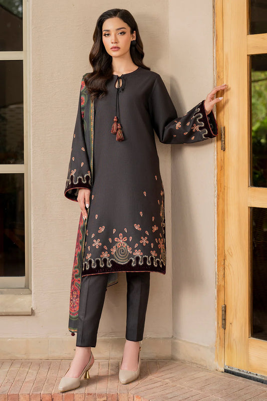 JAZMIN-3PC DHANAK EMBROIDRED SHIRT WITH COTRAI PRINT SHAWL & TROUSER-EP-5448